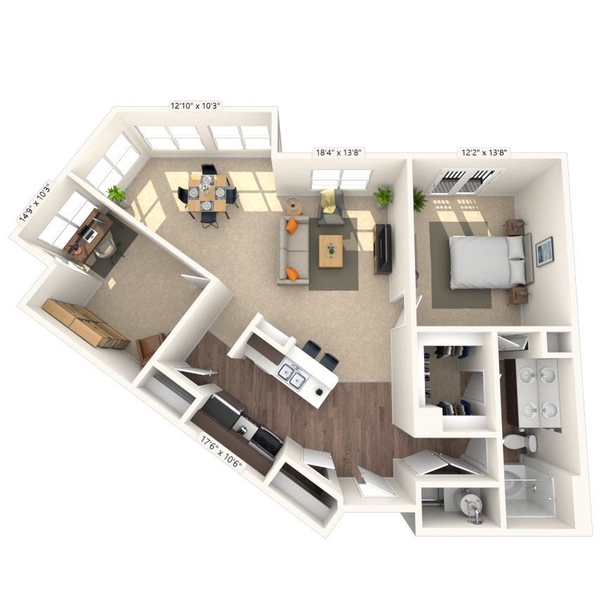 Floor plan for 1 bed, 1 bath, 1135 sqft